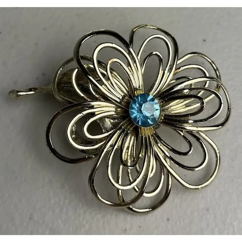 Gold Tone Wire Flower Blue Rhinestone Screw Back Earrings & Brooch Pin Set MCM